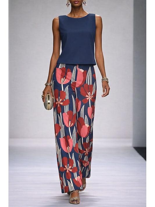 Women's Pants Sets Sleeveless Crew Neck Floral Graphic