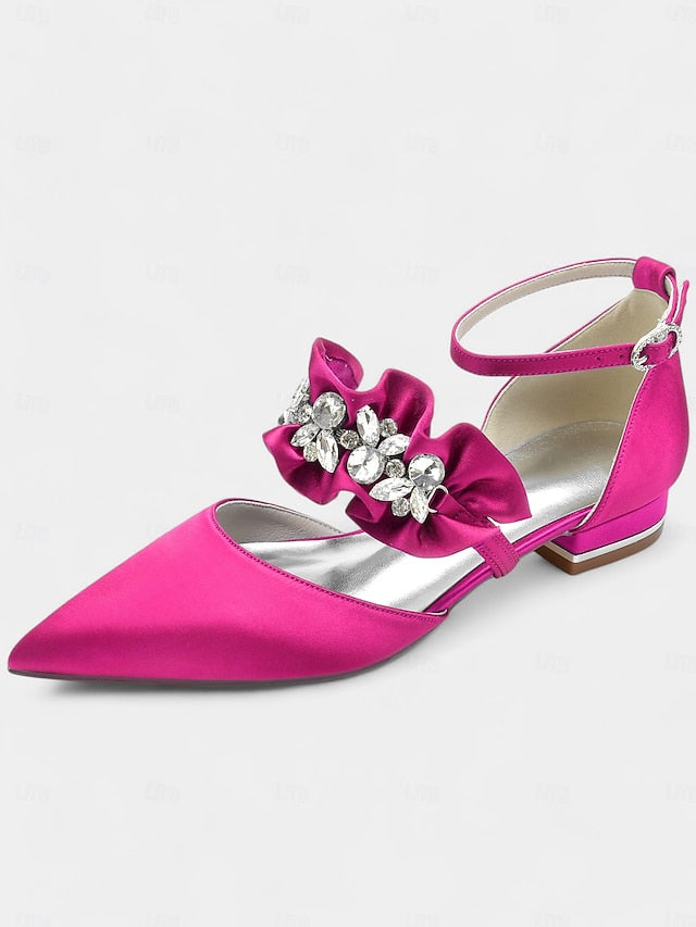 with Pointed-Toe Satin Women's Rhinestone Black Flats