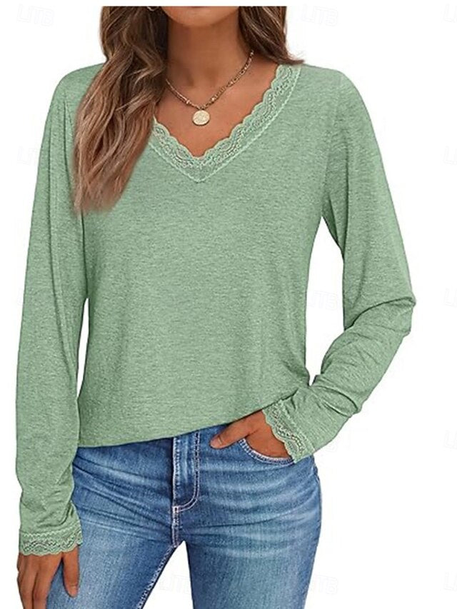 Women's T-Shirt  Solid Color Stylish Casual Long Sleeve V