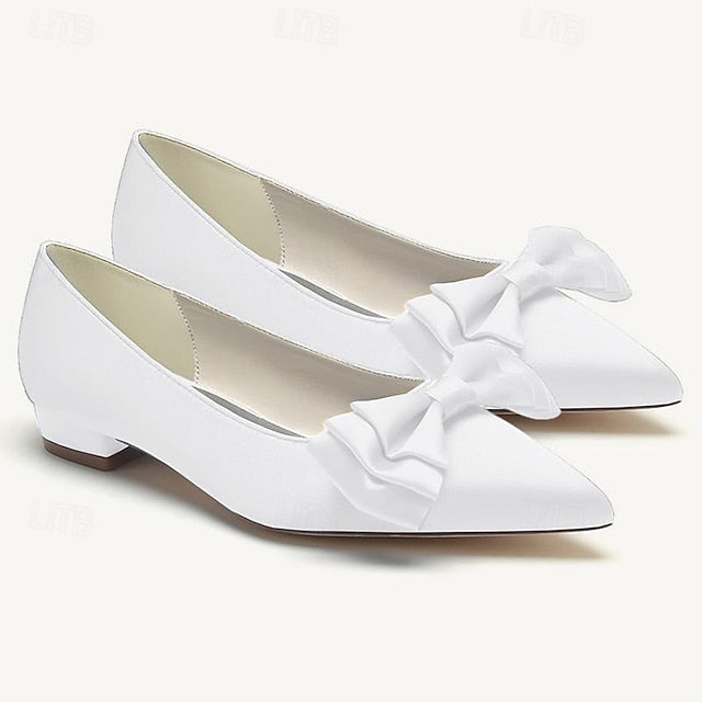Low Party Women's Pointed Flats Heel Bowknot Shoes Wedding