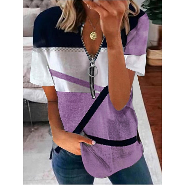 Women's T Shirt Tee Top Zipper Print Geometric Fashion