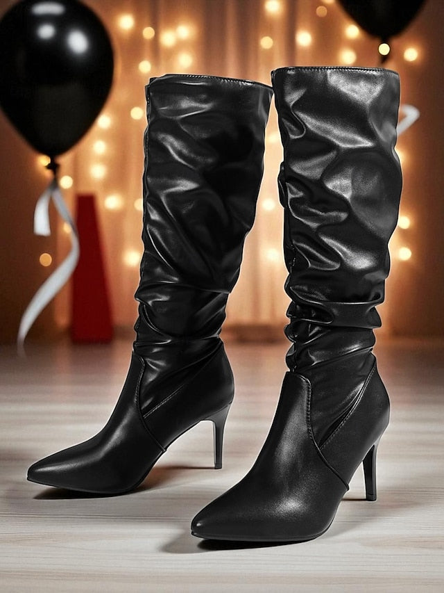 Women's Pointed Knee Boots - Toe Brown Leather Faux High