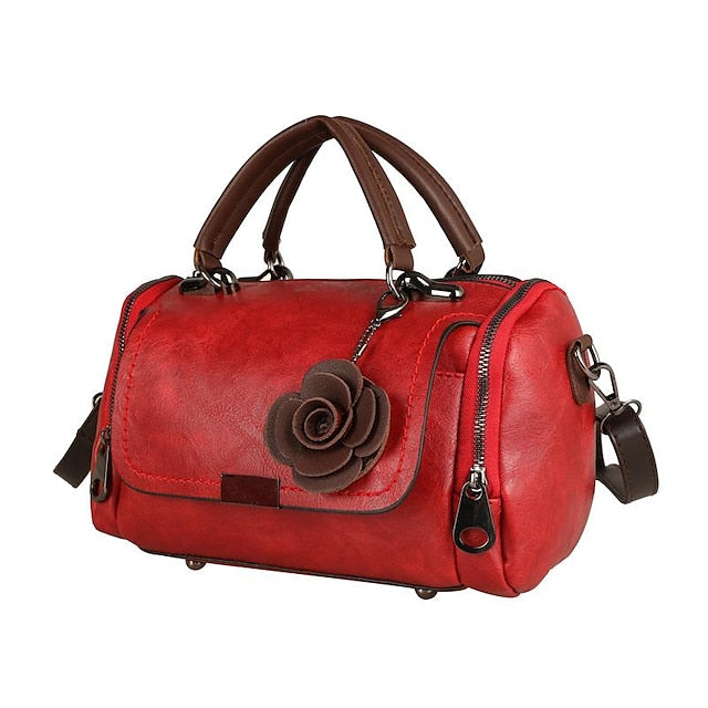 Leather Floral Vintage-Style Handbag Faux Women's with
