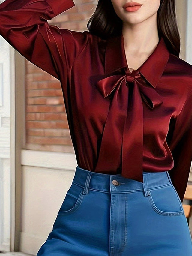 Women's Elegant Satin Top Blouse Dressy Tops Ruched Tie