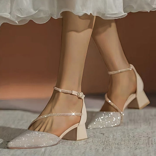 Pointed Heels Women's Glitter Toe Mesh with Ankle Block