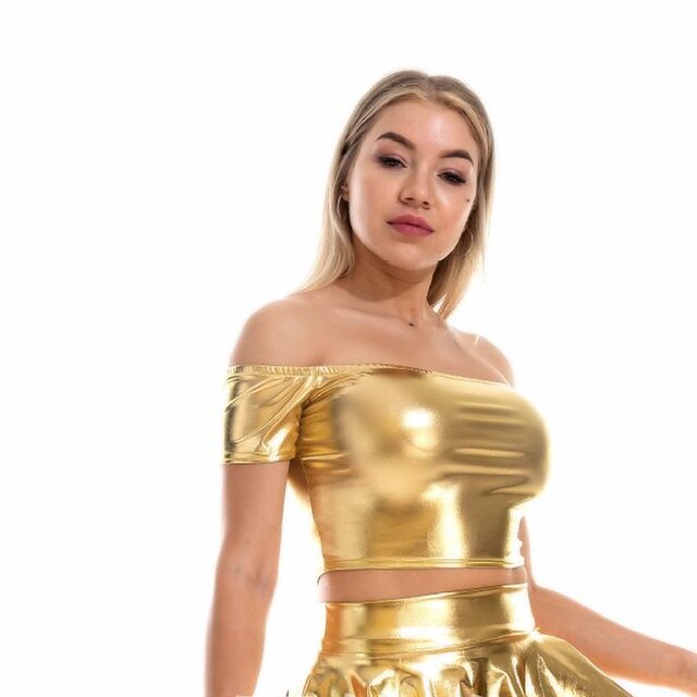 Mardi Gras 2026 Metallic 1980s Crop Top PU Leather Off Shoulder