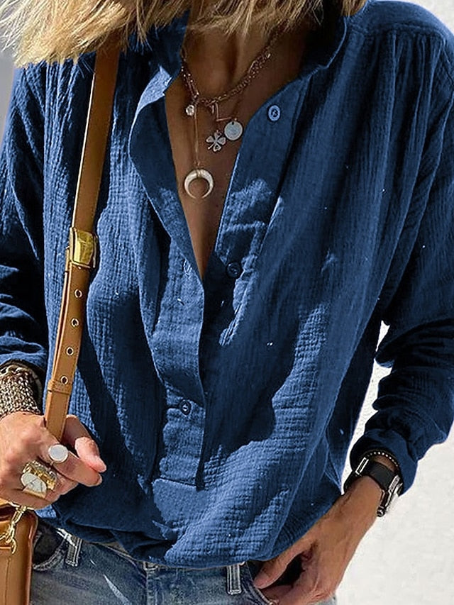 Women's Shirt Blouse Plain Vintage Stylish Long Sleeve V