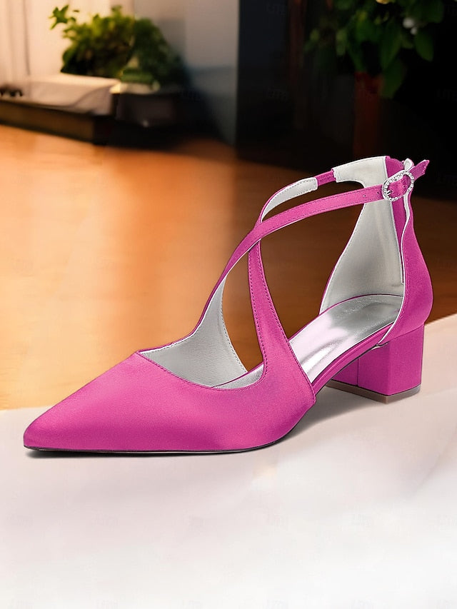 - Pointed Toe Women's Satin Elegant Ivory Block Heels