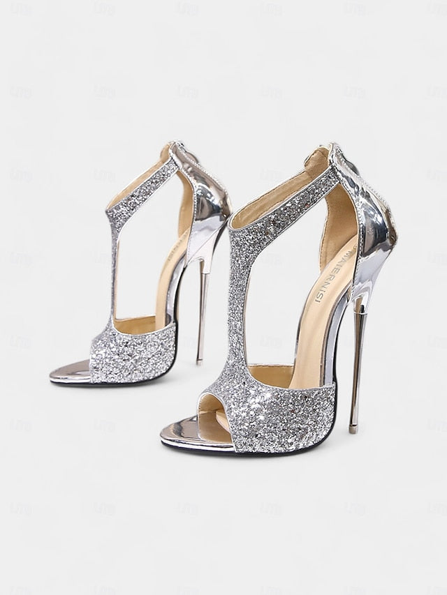 with and Stiletto Design Heels Open for Glitter T-Strap Gold Toe