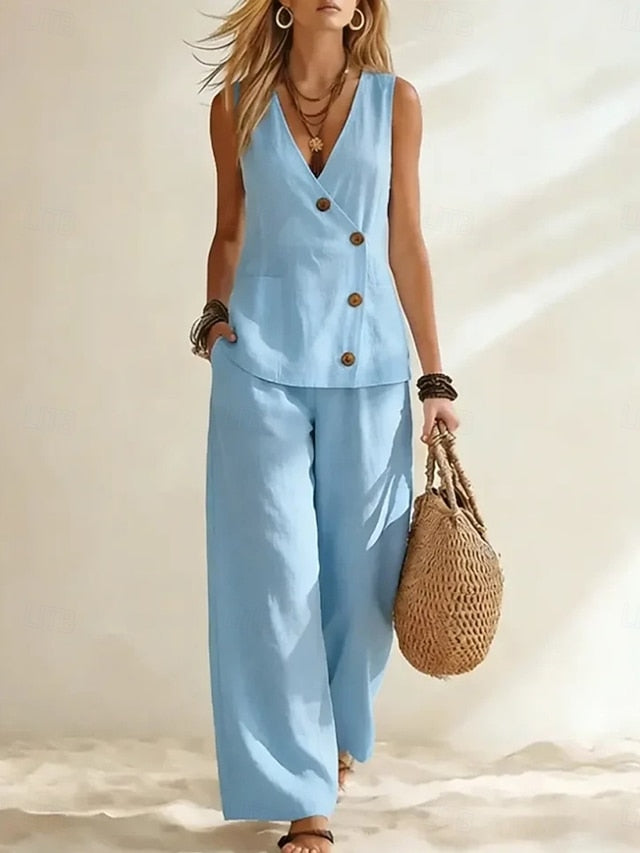Women's Pants Sets Sleeveless V Neck Plain Fashion