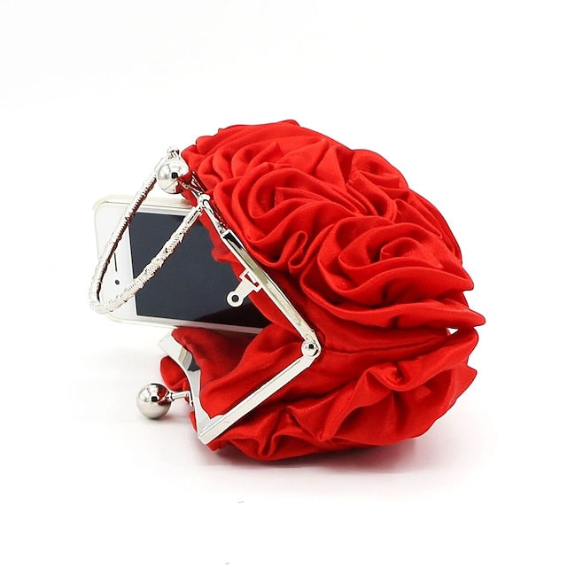 Women's Red Rose Fabric Evening Clutch with Top Handle,