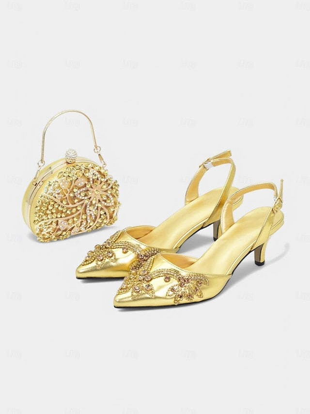 Slingback with Embellished Matching Handbag – Gold Heels