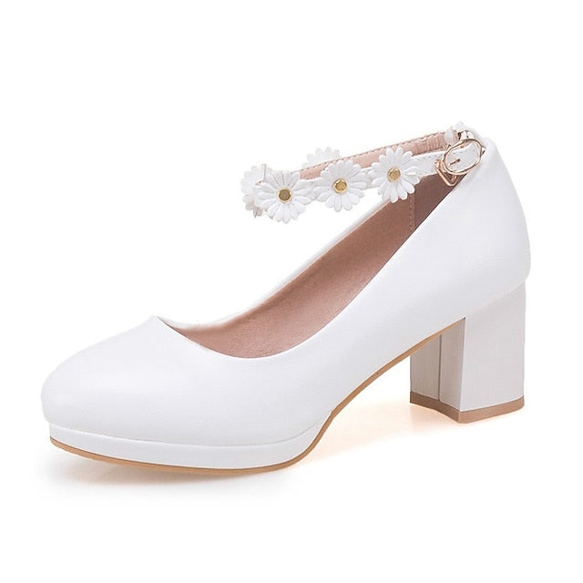 Flower Heel Shoes Block Ankle Girls' Daisy White with