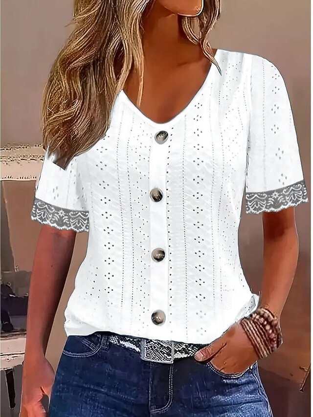 Women's T-Shirt  Solid Color Stylish Casual Short Sleeve V