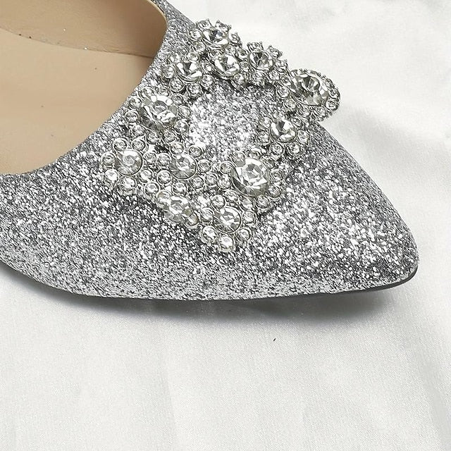 Flats Women's Glitter Rhinestone Embellished Silver with