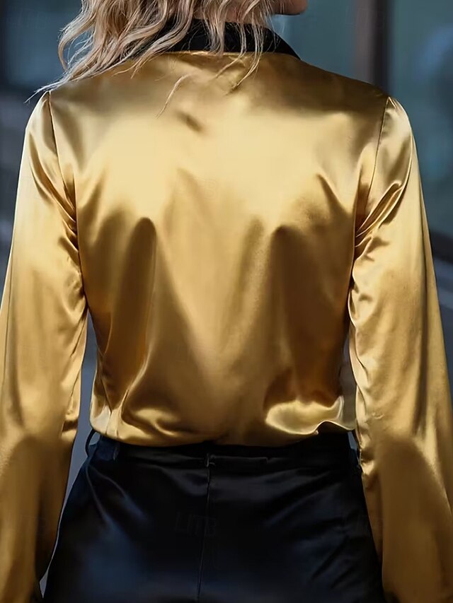 Women's Shirt Elegant Satin Top Blouse Patchwork Buttons