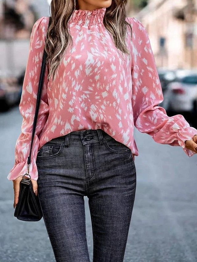 Women's Shirt Blouse Fashion Print Petal Sleeve Long Sleeve