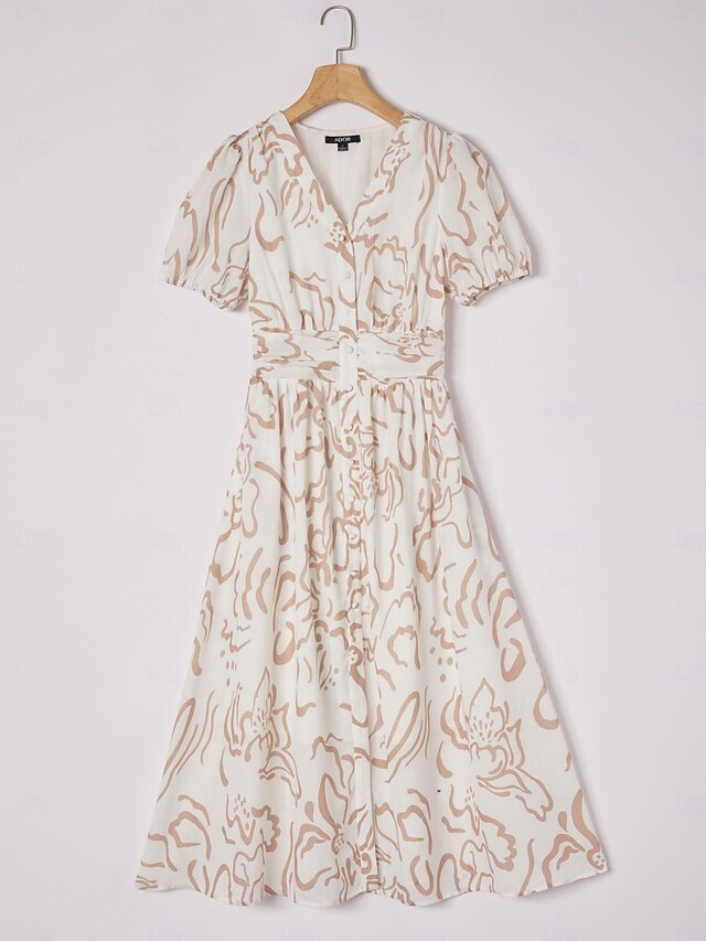 Abstract art print Linen-Like Fabric Waist-Cinching Maxi Dress