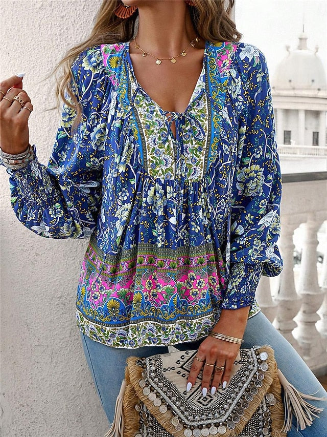 Women's Shirt Blouse Casual Boho Floral Lace up Print Long