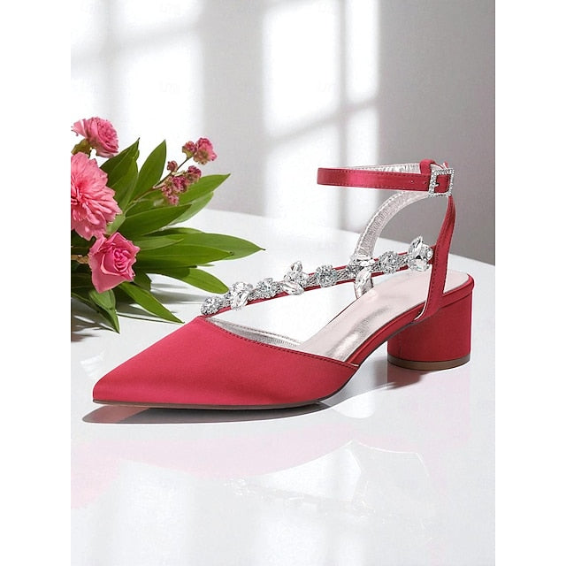 Heel Pumps Rhinestone Women's Purple Satin with Block