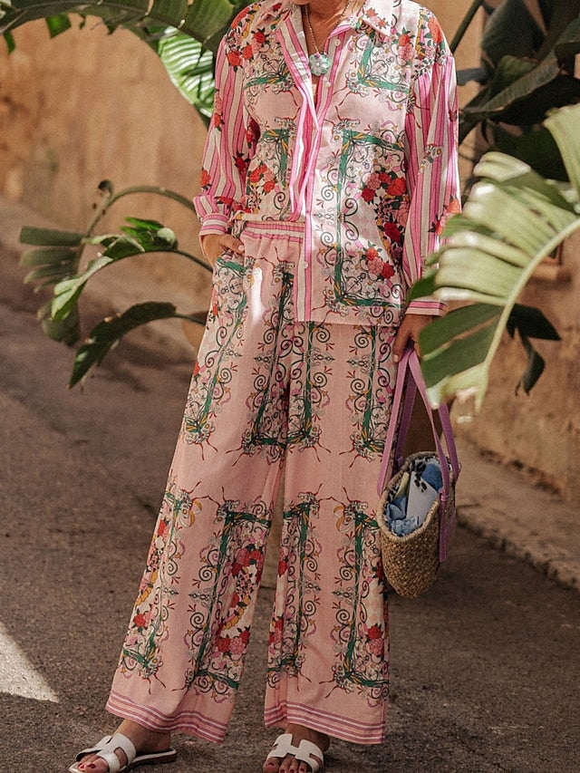 Women's Shirt Blouse Wide Leg Pants Long Sleeve Shirt