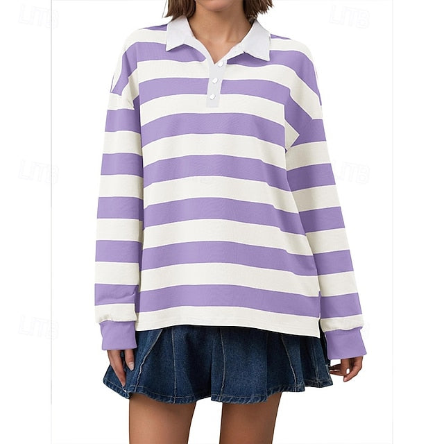 Women's T Shirt Tee Top Buttons Striped Fashion Stylish