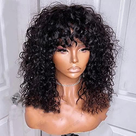 Curly Full Machine Made Scalp Top Wig With Bangs Scalp Top Kinky