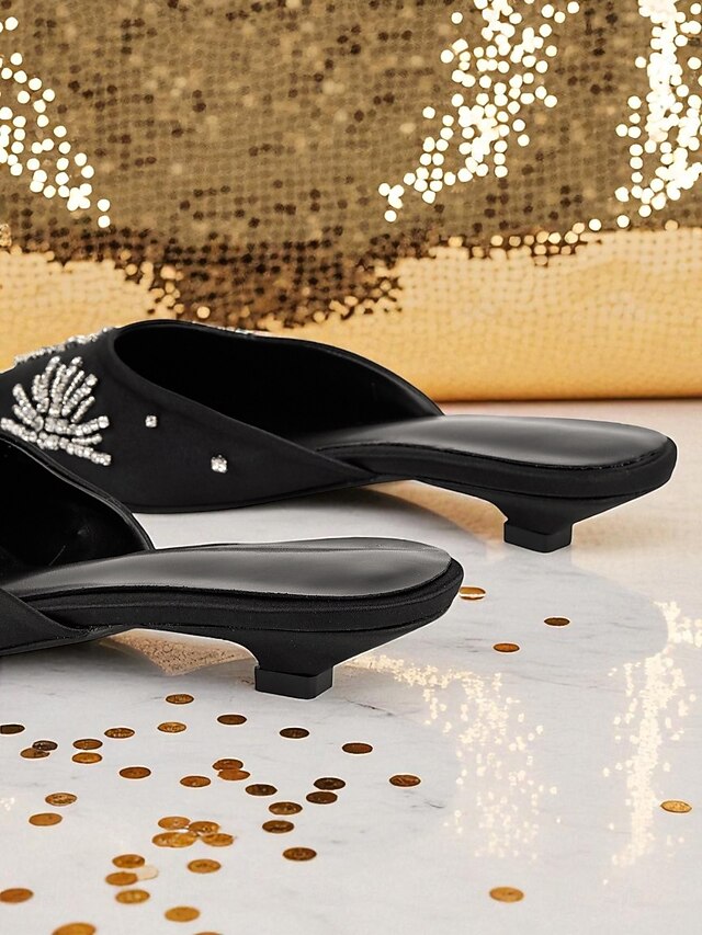 Satin Toe Rhinestone Women's Pointed Black Mules with