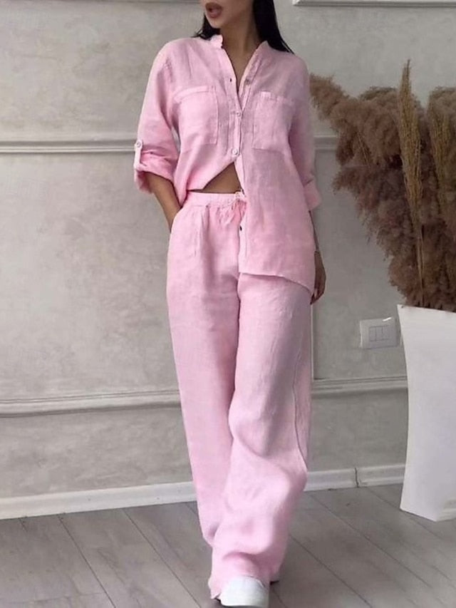 Women's Shirt Blouse Pants Sets Long Sleeve Shirt Collar