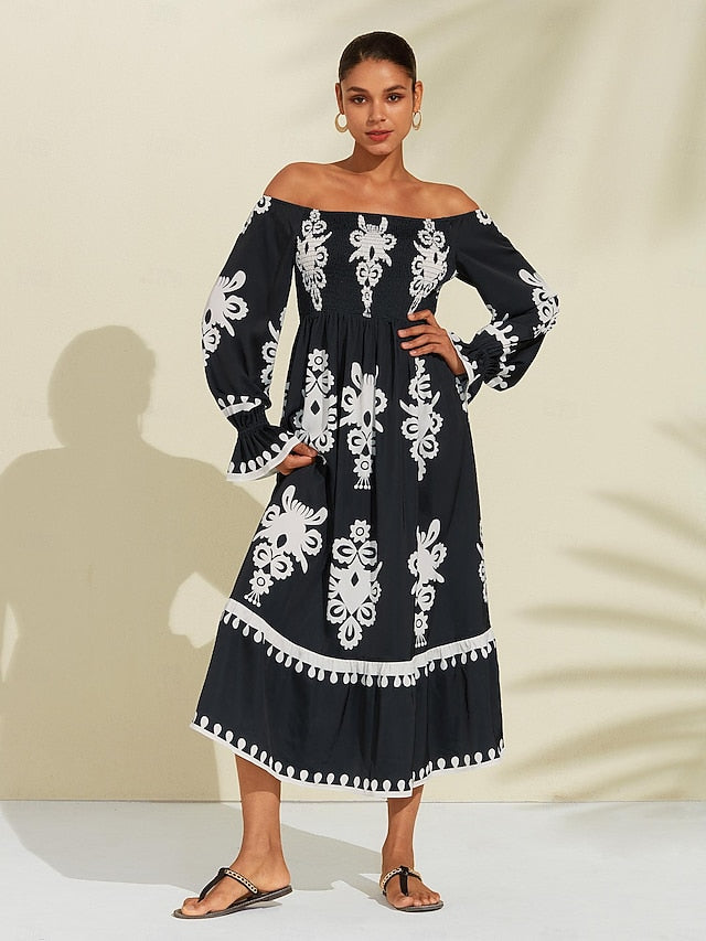 Geometric Print Off Shoulder Midi Satin Dress