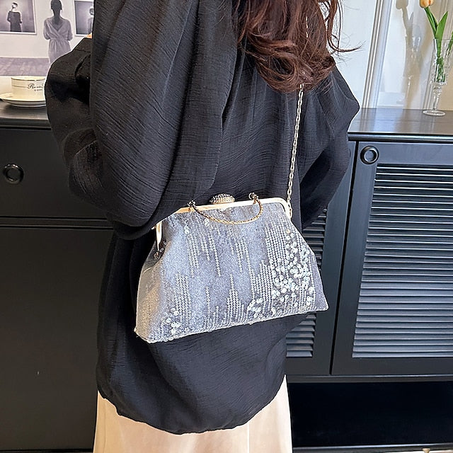 Women's Ivory Sequin Top Handle Clutch with Chain Strap,