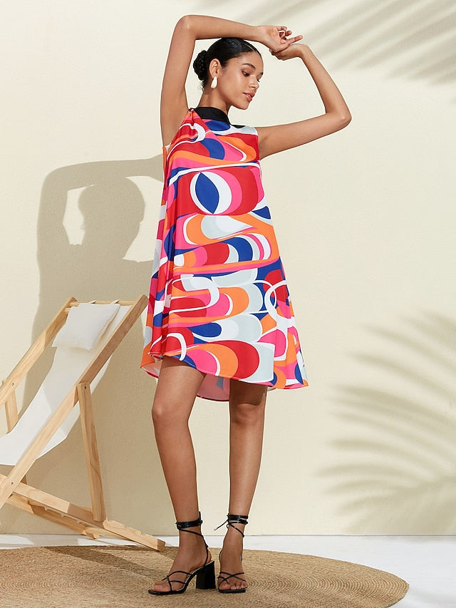 Satin Fanny Colorful Geometric Streamline Print Dress