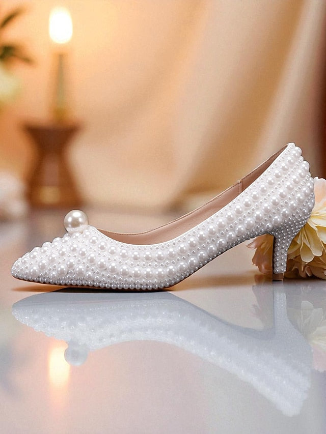 Pearl-Embellished Women's Kitten Pumps and Heel Matching