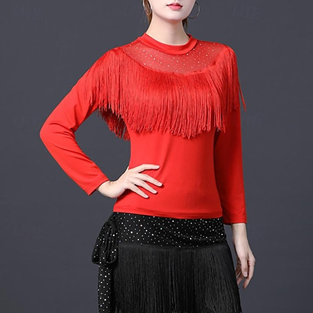 Latin Dance Ballroom Dance Top Tassel Pure Color Splicing