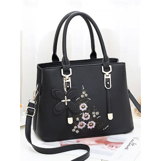 Embroidery Leather Faux Green Floral with Handbag Women's