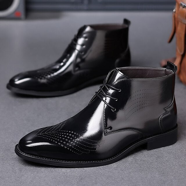 Burgundy Glossy Wingtip Faux Brogue Ankle Leather Men's