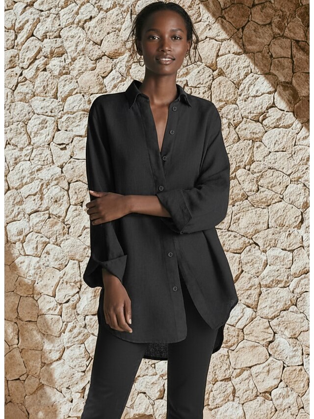 Women's Shirt Button Up Faux Cotton Linen Buttons Plain