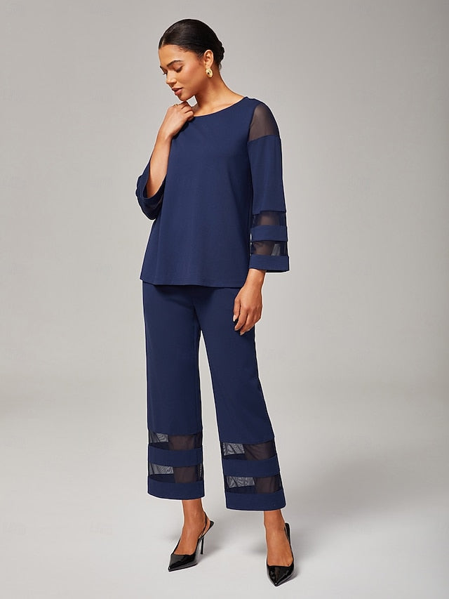 Women's Navy Blue Modal Chiffon Matching Set Fitted Blouse