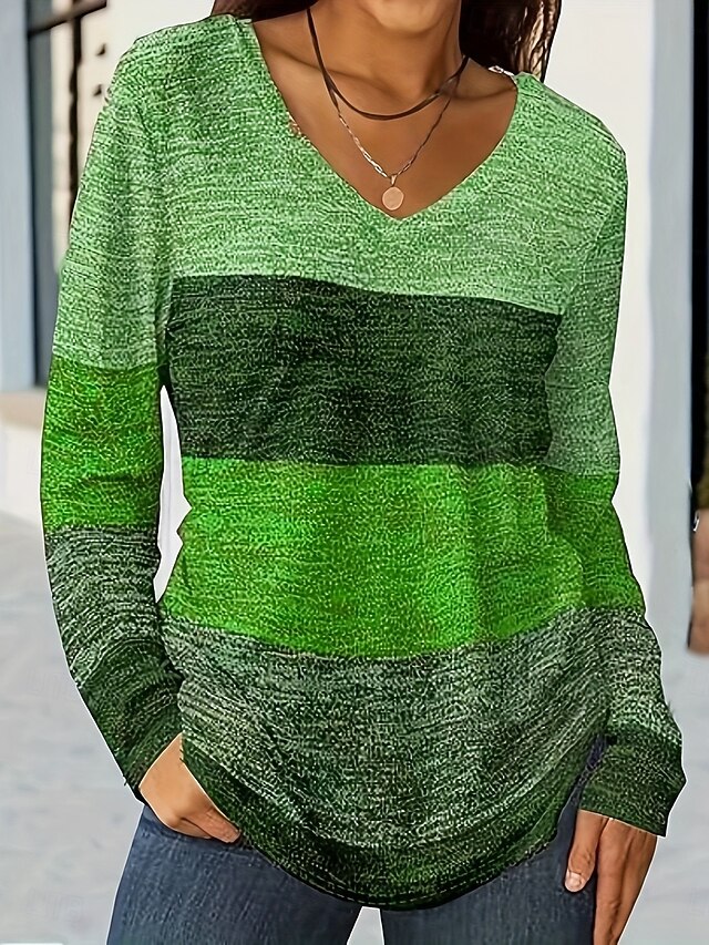 Women's T Shirt V Neck Long Sleeve Tunic Ombre Graphic