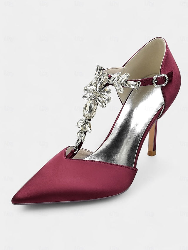 Navy T-Strap Heels Women's Toe Satin Blue – Pointed