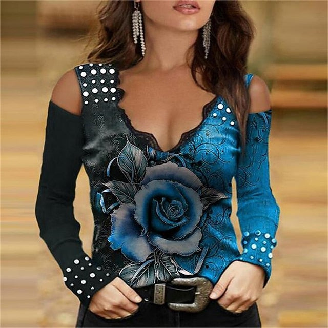Women's T Shirt Hollow Out Hole Rose Sexy Casual Long