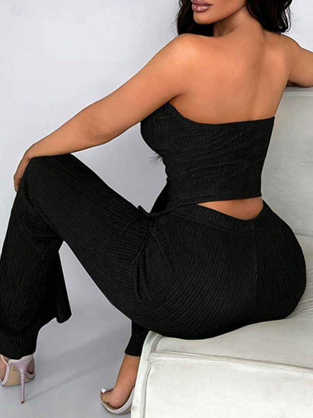 Women's Tube Top Pants Sets Sleeveless Solid Color Ruched