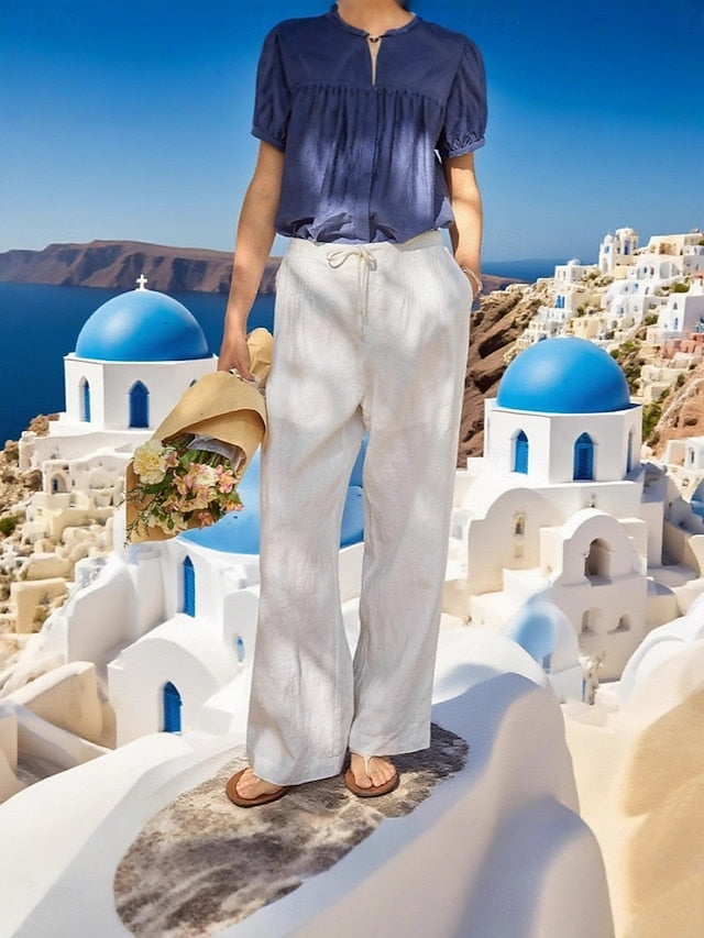 Women's Linen Like Faux Cotton Linen Wide Leg Chinos