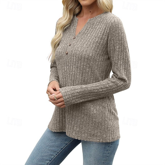 Women's T Shirt Tee Top Buttons Solid Color Stylish Classic