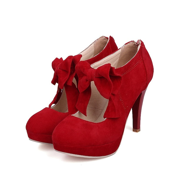 Platform Bow Pumps Heel – Suede High Vintage Red Women's
