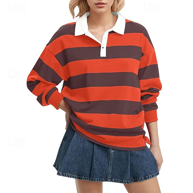 Women's T Shirt Tee Top Buttons Striped Fashion Stylish