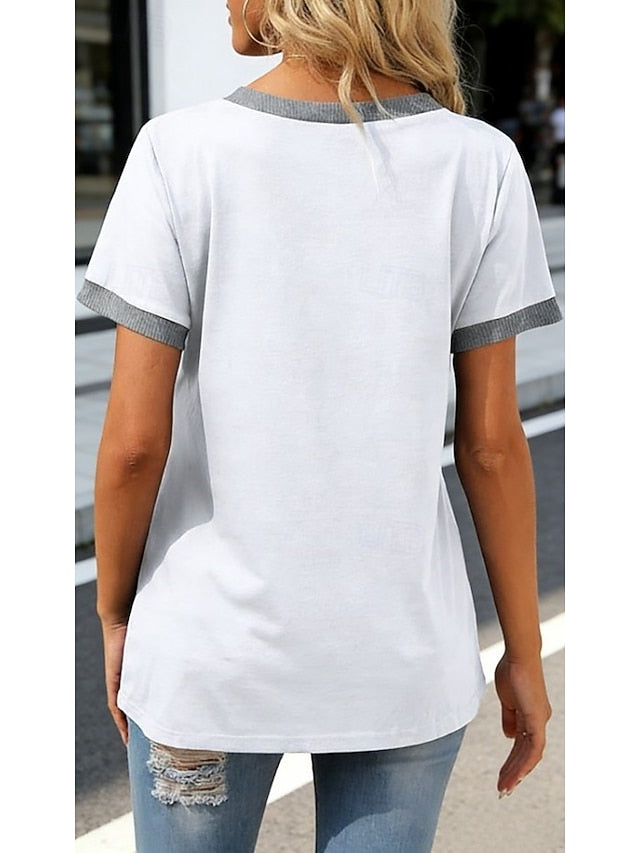 Women's T Shirt Patchwork Pocket Color Block Solid Color