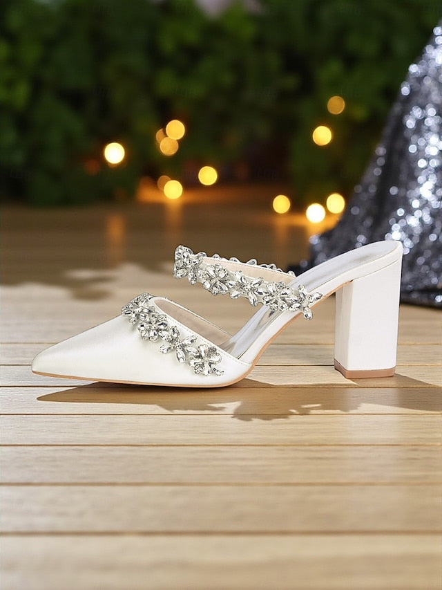 Women's Mules Rhinestone Floral Heel Black Block Satin with