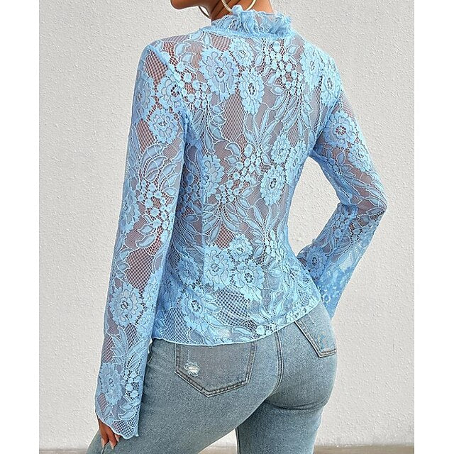 Women's Lace Solid Color Plain Stylish Long Sleeve Causal