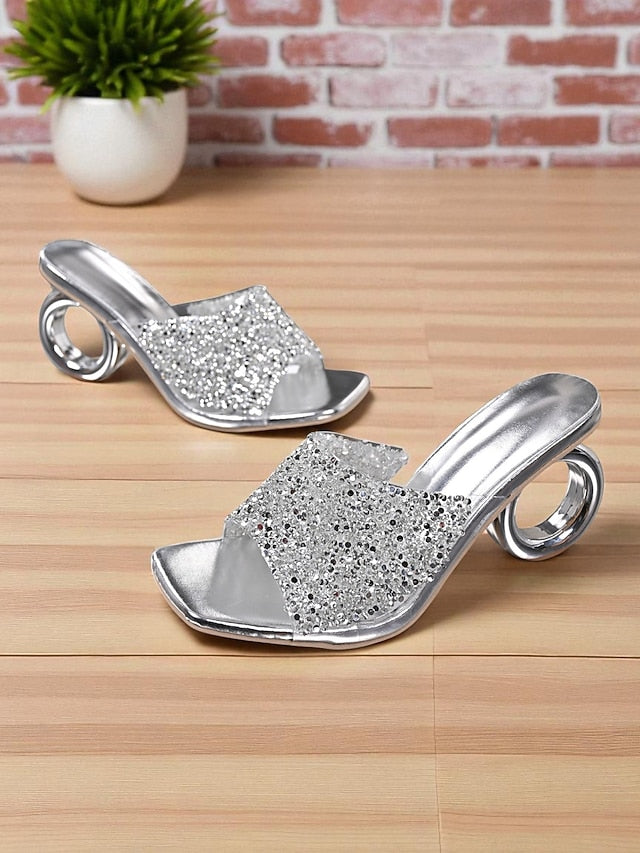 Open with Unique Rhinestone Toe Ring Silver Mules Women's